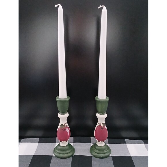 Set of 2 Wooden Country Farmhouse Rustic Hand Painted Apples Candle Holders - Picture 1 of 10